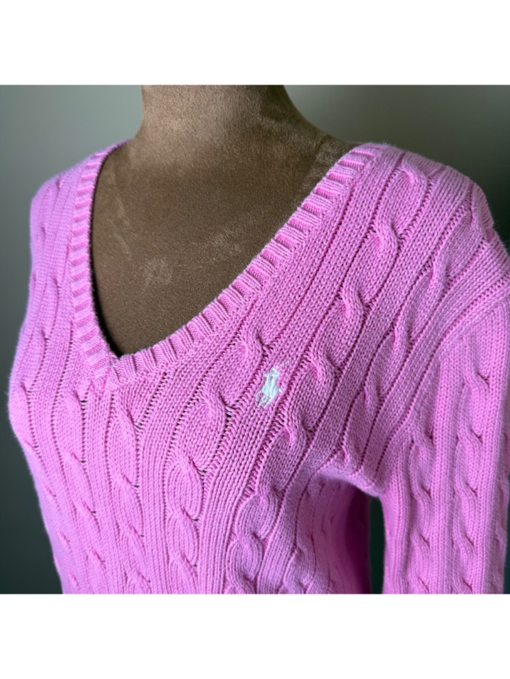 Polo Ralph Lauren V-Neck Cable Knit Sweater Womens Medium Pink Pullover Preppy - Picture 3 of 9